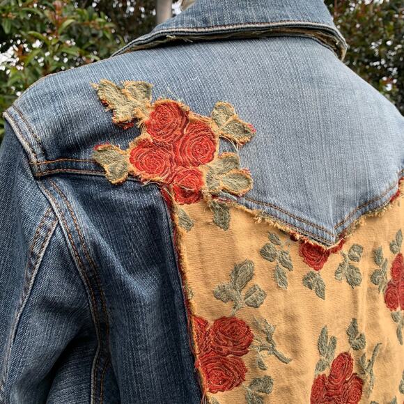 Vintage Handmade Floral Embellished Women’s Denim Blue Jean Jacket 90s - Picture 6 of 10